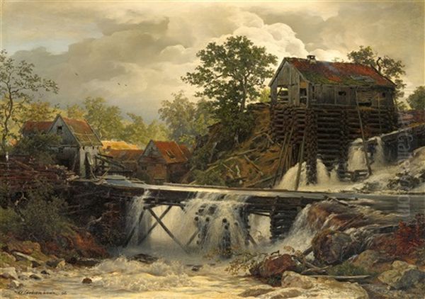 Mill In The Forest By A Mountain Stream by Andreas Achenbach