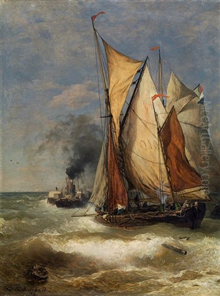 Ships On A Stormy Sea Oil Painting by Andreas Achenbach