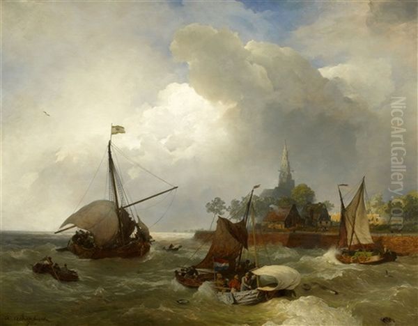 Hafeneinfahrt Von Emden Am Dollart Oil Painting by Andreas Achenbach