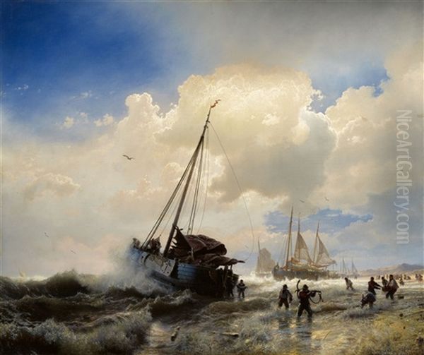 Segelschiffe Am Strand Oil Painting by Andreas Achenbach