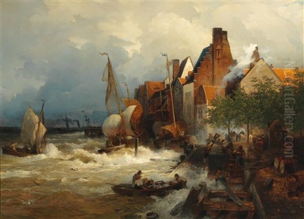 The Homecoming Of The Fishermen In Stormy Seas Oil Painting by Andreas Achenbach