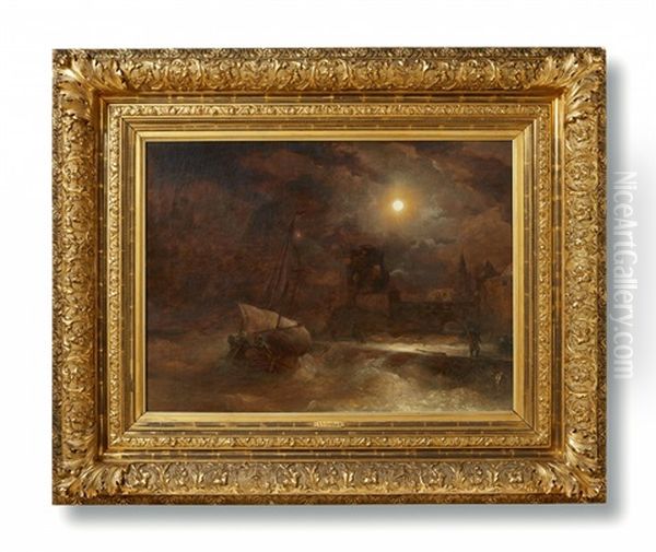 Coastal Landscape By Moonlight Oil Painting by Andreas Achenbach