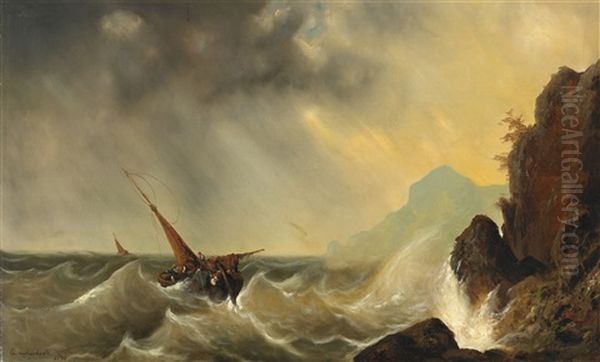 A Ship In Rough Seas Oil Painting by Andreas Achenbach