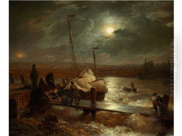 Nachtliche Heimkehr Von Sturmischer See Bei Mondschein Oil Painting by Andreas Achenbach