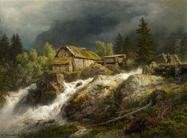 Northern Mountain Landscape With A Stream Oil Painting by Andreas Achenbach