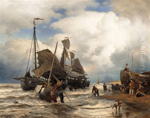 Sailing Boats Landing On A Beach Oil Painting by Andreas Achenbach