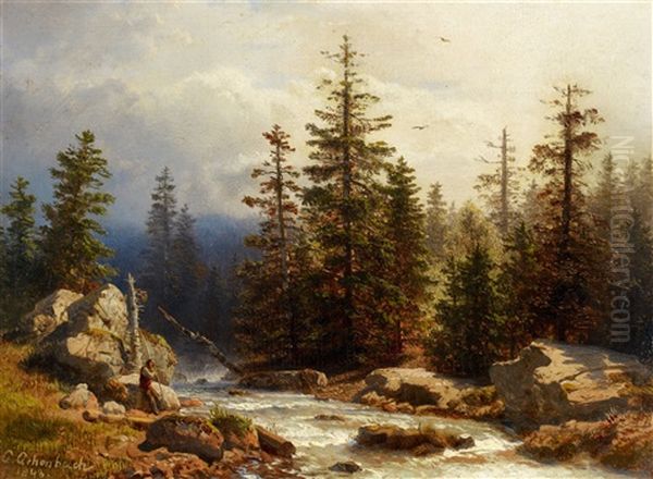 Forest Landscape With An Angler Oil Painting by Andreas Achenbach