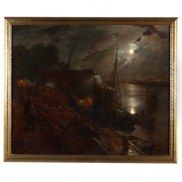 A Dutch Harbor By Moonlight Oil Painting by Andreas Achenbach