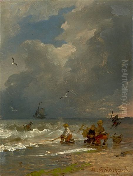 Crabbers On The Beach Oil Painting by Andreas Achenbach