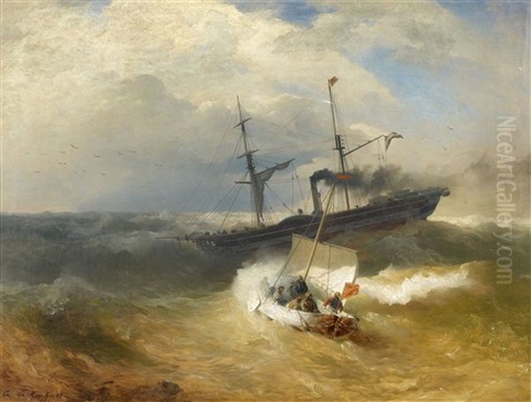 Steam Ship And Sailing Boat In Rough Seas Oil Painting by Andreas Achenbach