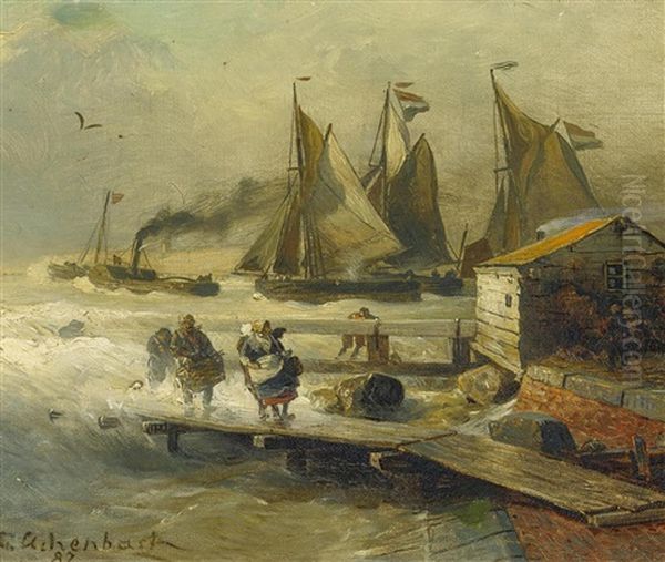 Heimkehrende Fischer An Der Mole Oil Painting by Andreas Achenbach