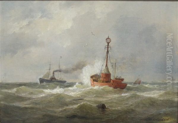 Rettungsschiff Und Dampfer Auf Der Nordsee Bei Sturm Oil Painting by Andreas Achenbach