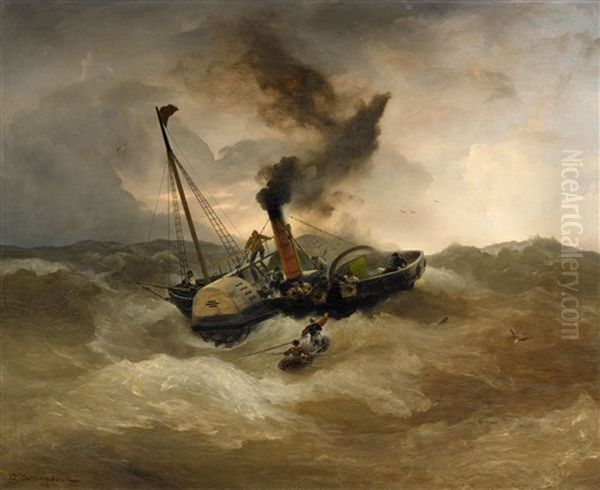 A Steamship In Rough Seas Oil Painting by Andreas Achenbach