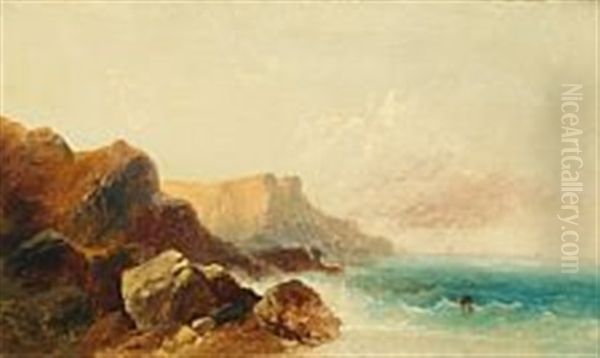 Rocky Coast With A Fisher Oil Painting by Andreas Achenbach