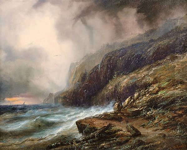 Sturmische Kustenlandschaft Mit Segelbooten Im Hintergrund Oil Painting by Andreas Achenbach