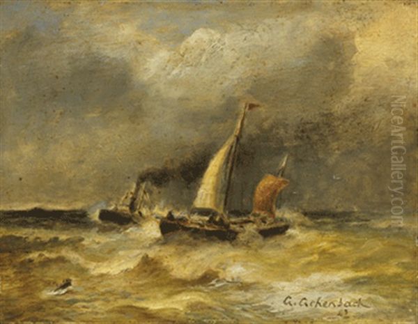 Zweimastsegler Und Dampfer In Bewegter See Oil Painting by Andreas Achenbach