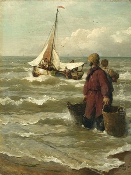 Fishermen At The Coast Oil Painting by Andreas Achenbach