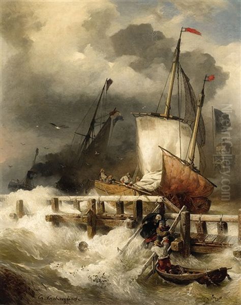 Arrival At The Pier In Stormy Sea Oil Painting by Andreas Achenbach