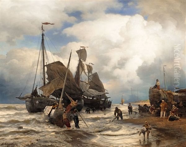 Sailing Boats Landing On A Beach Oil Painting by Andreas Achenbach