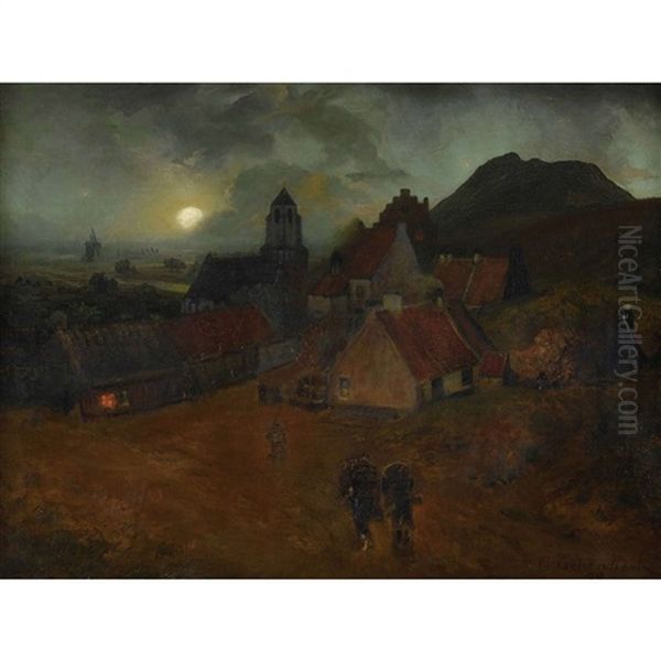 Landschaft Mit Dorf Im Mondlicht by Andreas Achenbach