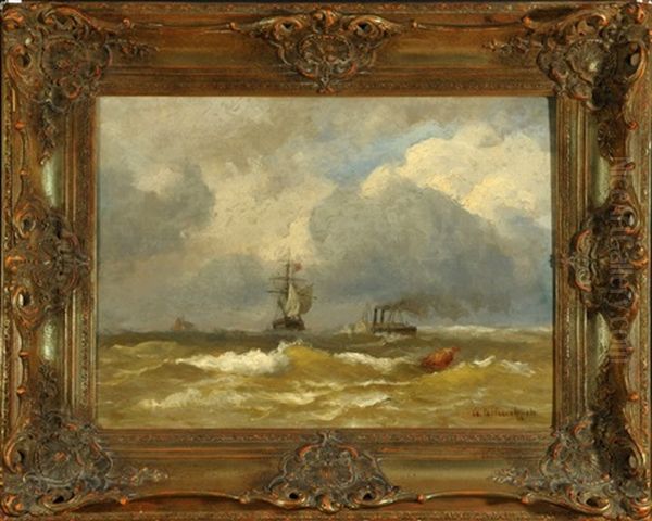 Segel- Und Dampfschiff Auf Sturmischer See Oil Painting by Andreas Achenbach