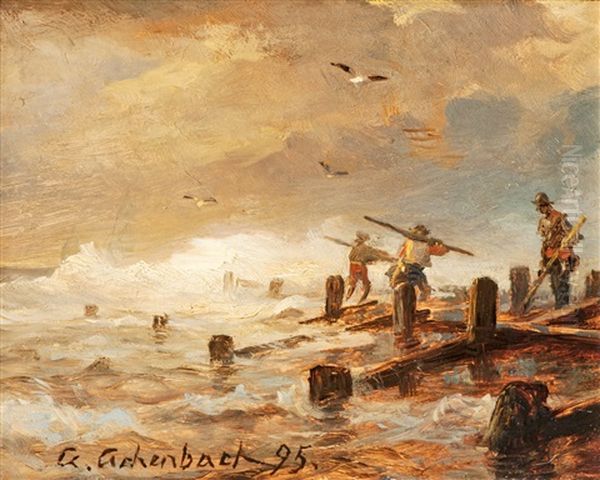 Hafenarbeiter Bei Sturmischer Brandung Oil Painting by Andreas Achenbach