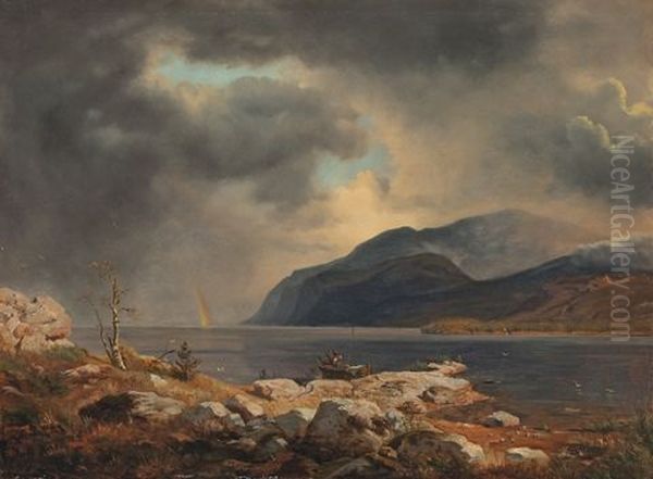 Norwegische Fjordlandschaft Mit Regenbogen Oil Painting by Andreas Achenbach