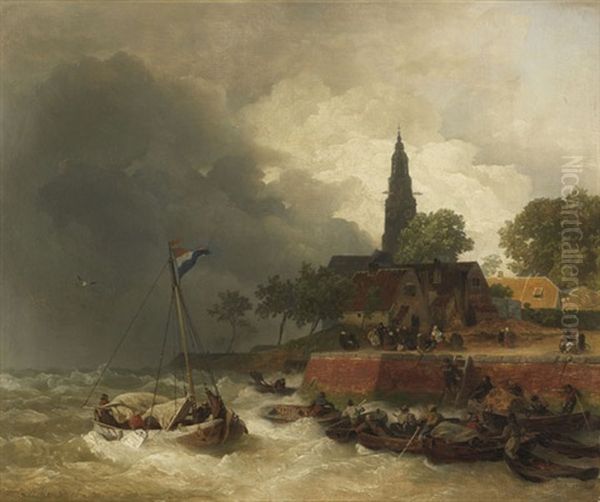 Hollandischer Hafen Bei Sturm Oil Painting by Andreas Achenbach