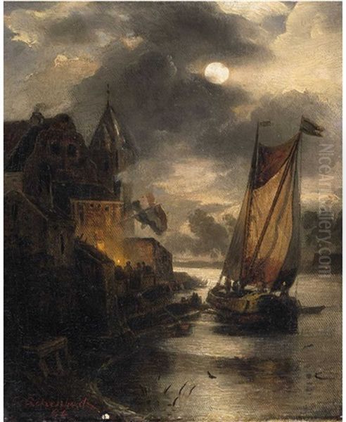 A View Of A Dutch Coastal Town And A Sailing Boat By Moonlight Oil Painting by Andreas Achenbach