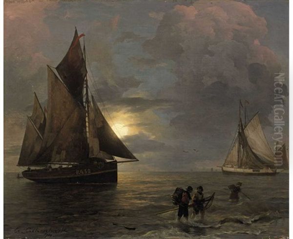 A Coastal Landscape With Sailing Ships By Moonlight Oil Painting by Andreas Achenbach