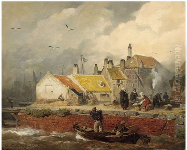 A Dutch Coastal Scene With Fisher's Cottages Oil Painting by Andreas Achenbach