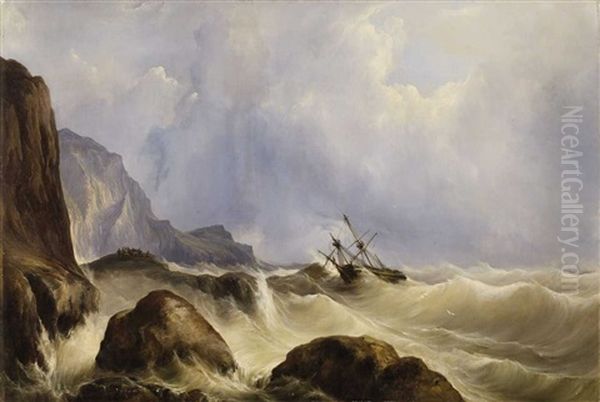 Sailing Ships In A Stormy Sea Near The Cliff Line Oil Painting by Andreas Achenbach