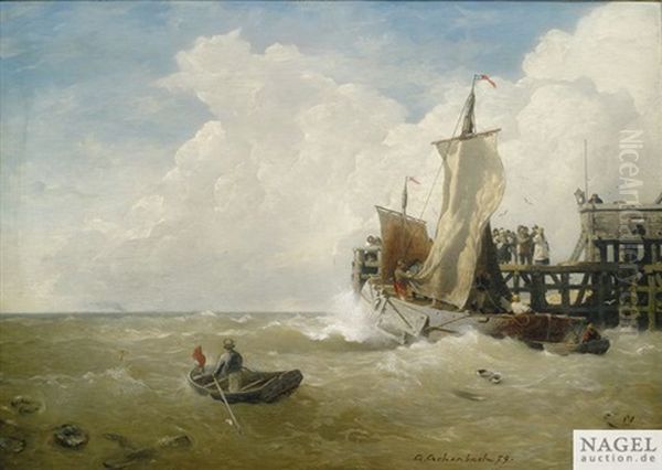 Fischerboot Am Anleger Oil Painting by Andreas Achenbach