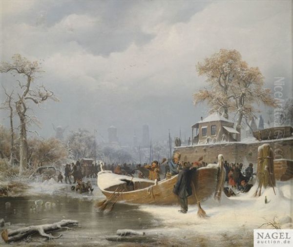 Winterliche Bootsanlegestelle. Im Hintergrund Reges Treiben Auf Einem Zugefrorenen Kanal Vor Stadtsilhouette Oil Painting by Andreas Achenbach