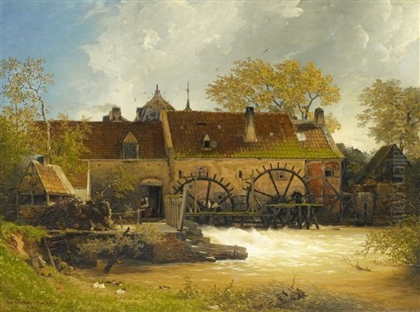 Watermill At A River Oil Painting by Andreas Achenbach