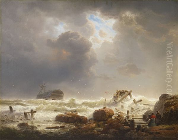 Coastline With Stormy Sea Oil Painting by Andreas Achenbach