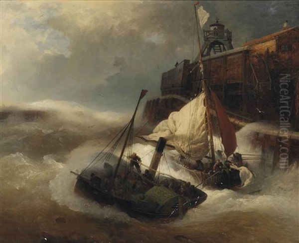 Bundling Forces In Rough Seas Oil Painting by Andreas Achenbach