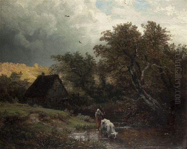 Aufziehendes Gewitter An Der Wassermuhle Oil Painting by Andreas Achenbach