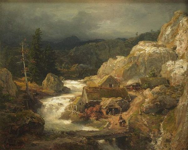 Gebirgslandschaft Mit Blick Auf Wildbach Und Wassermuhle. Im Vordergrund Personenstaffage In Ruckenansicht Oil Painting by Andreas Achenbach