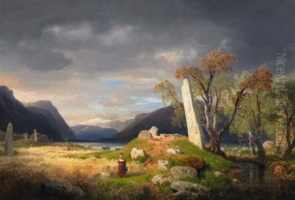 Norwegische Fjordlandschaft Mit Hugelgrabern Oil Painting by Andreas Achenbach