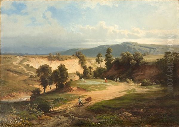 Sommerliche Landschaft Mit Spaziergangern Und Bauern Bei Der Feldarbeit Oil Painting by Andreas Achenbach