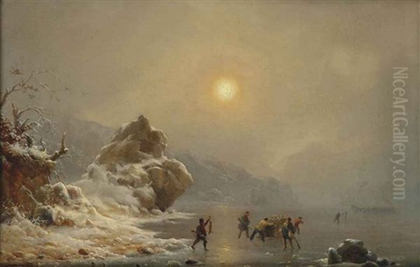 A Winter Landscape With Hunters On The Ice Oil Painting by Andreas Achenbach