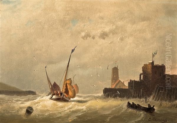 Fischerboote In Einer Flussmundung Oil Painting by Andreas Achenbach