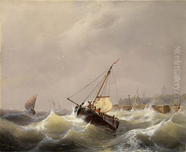 Fischerboote In Bewegter See Mit Ausblick Auf Eine Stadt Und Windmuhle Oil Painting by Andreas Achenbach