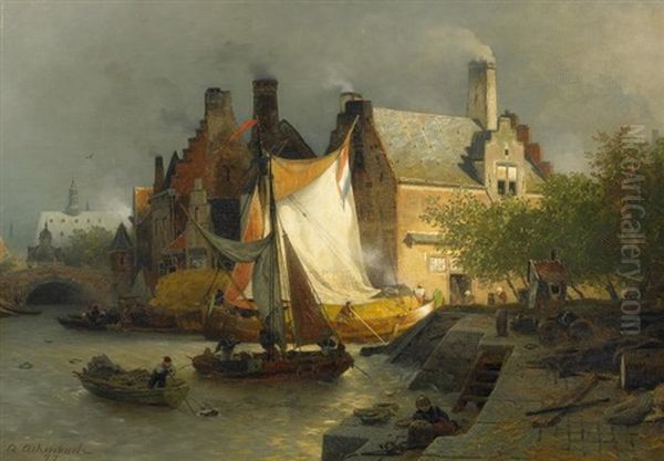 Anlegende Boote An Einem Hollandischen Hafen Oil Painting by Andreas Achenbach