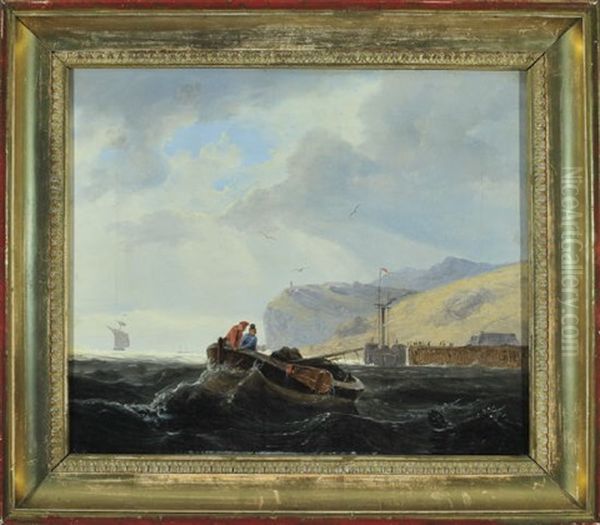 Schwedische Kuste Des Oresunds Mit Fischern In Hafennahe, Im Hintergrund Der Kullaberg Oil Painting by Andreas Achenbach