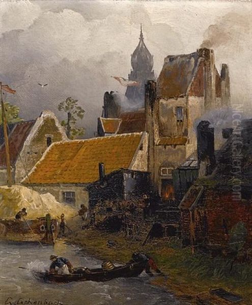 A Fishing Village By A River Oil Painting by Andreas Achenbach