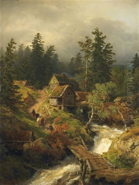 Bergige Landschaft Mit Bach Und Wassermuhle Oil Painting by Andreas Achenbach