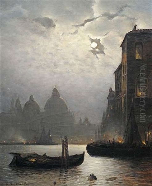 Der Canal Grande In Venedig Bei Mondschein Oil Painting by Andreas Achenbach