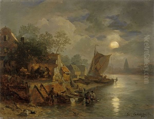 Nachtliche Kustenlandschaft Mit Fischern Oil Painting by Andreas Achenbach